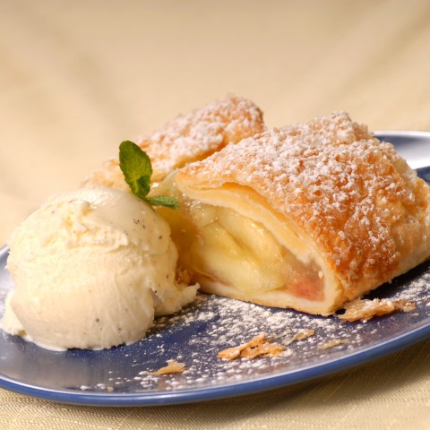 German Apple Strudel with a Scoop of Vanilla Ice Cream