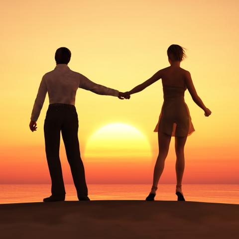 A Couple Holding Hands and Watching the Sunset