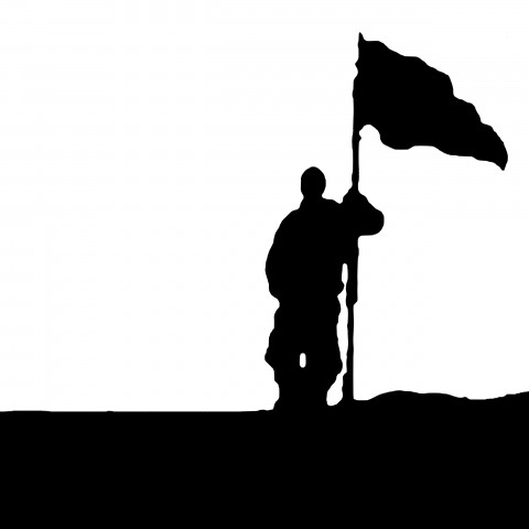 Black-and-White Depiction of Someone Standing Beside a Waving Flag