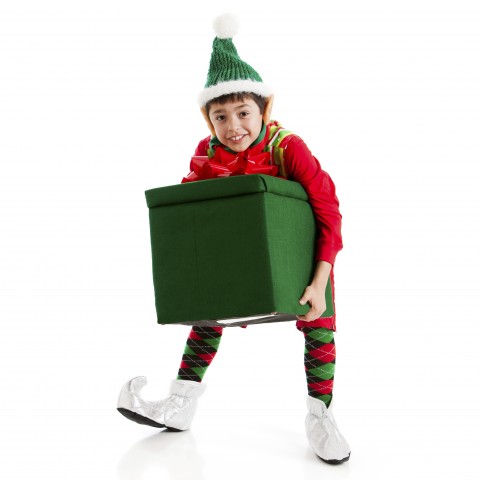 (A Little Boy Dressed as an Elf and Carrying a Christmas Present