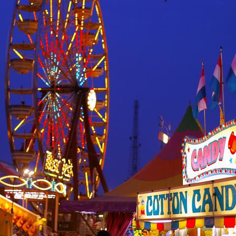 An Amusement Park with a Cotton Candy stand and Ferris Wheel