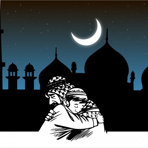 A Silhouette of a Father Hugging His Son in Front of a Mosque