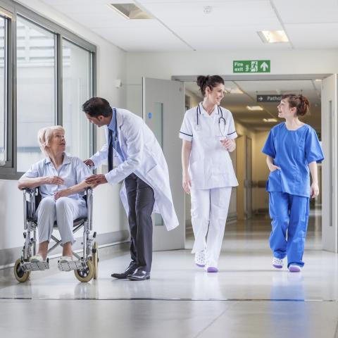 A Doctor and Two Nurses Helping an Elderly Woman in a Wheelchair