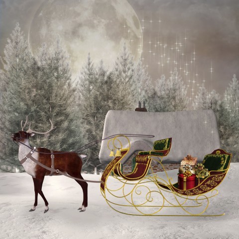 A Reindeer Pulling a Sled along a Snowy Winter Scene