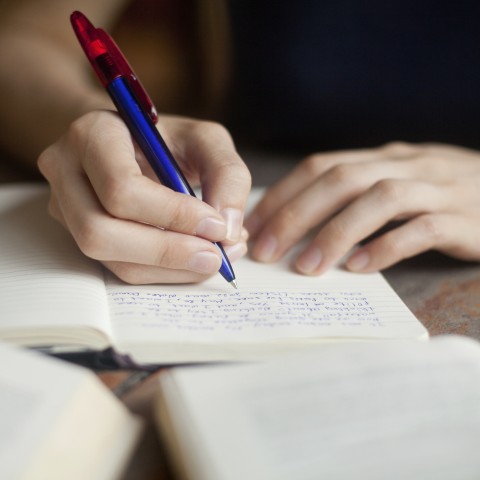 Hand and Books of a Person Busy Writing
