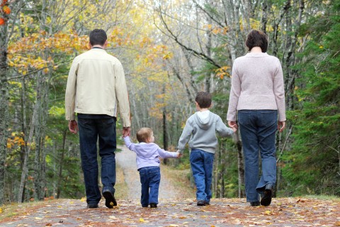 A Family of Four Persons Walking on a Trail