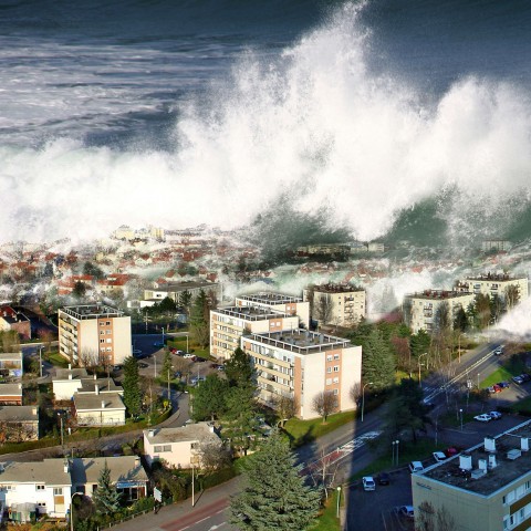 A Tsunami Washing Over Buildings