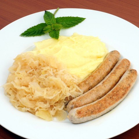 A Plate of Bratwurst with Mashed Potatoes