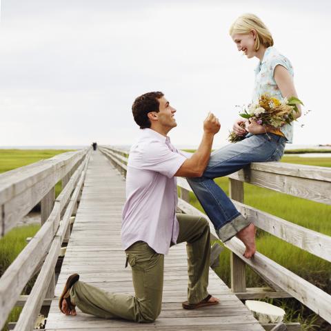 A Man Proposing to His Girlfriend on a Bridge