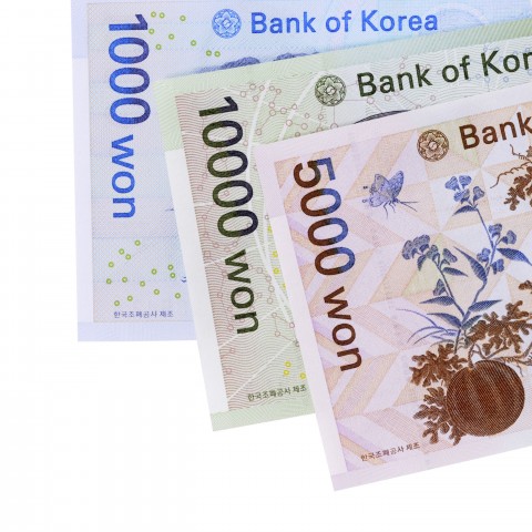 Korean won banknotes in several denominations