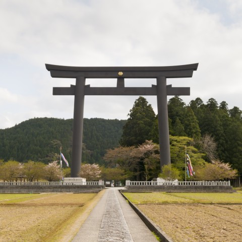 Large torii gate marking the entrance to a Shinto shrine