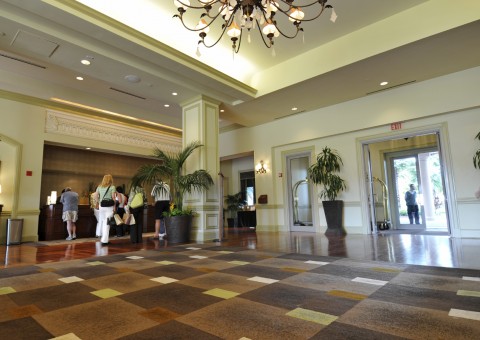 Hotel reception area in a spacious lobby