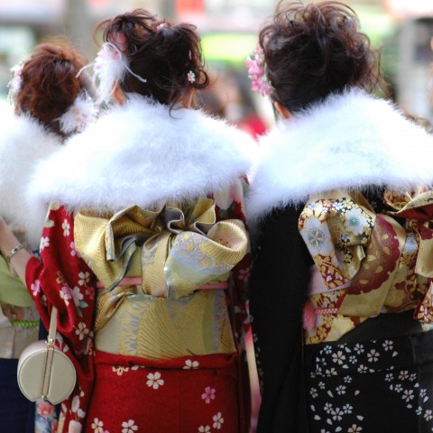 Back of Two Japanese Girls Who Dressed Up in Kimono