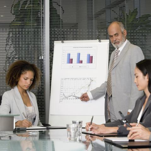 Businessman Giving a Presentation with a Whiteboard and Graph to Two Businesswomen