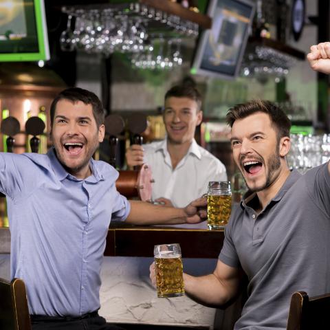 Three Men in a Bar, Holding Beers and Cheering