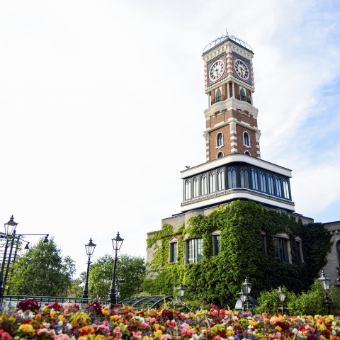 Clock Tower Surrounded by Flowers