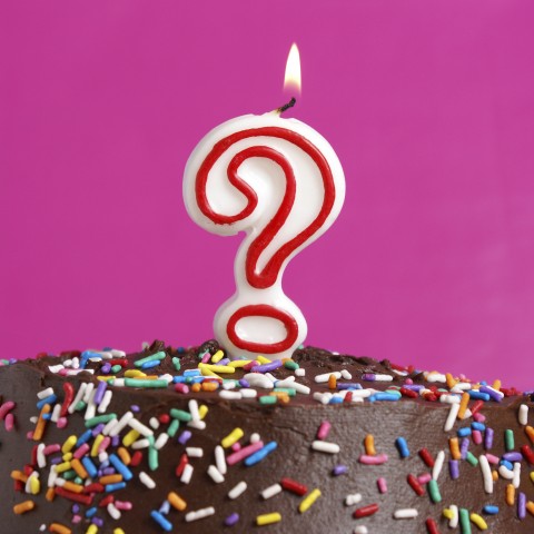 A Birthday Cake with a Question Mark Candle on Top