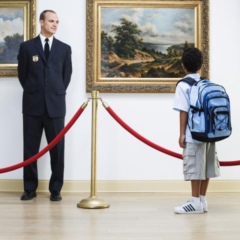 A Child with a Backpack Looking at a Picture in a Museum from Behind a Stanchion