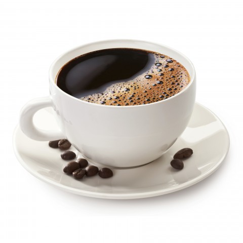 Cup of Coffee with Coffee Beans in Saucer