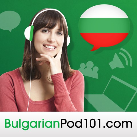 A Woman Listening to a Podcast; BulgarianPod101.com Is Written Below