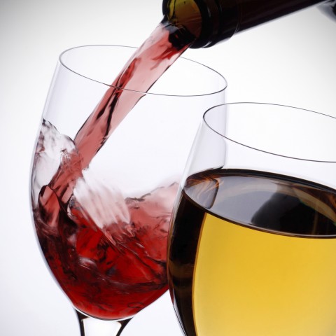 Two Wine Glasses with White and Red Wine.