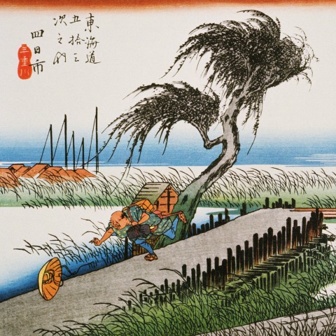 Traditional Japanese ukiyo-e print showing a windswept landscape