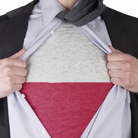 A Man with a T-shirt Based on the Polish Flag Hidden Under His Shirt