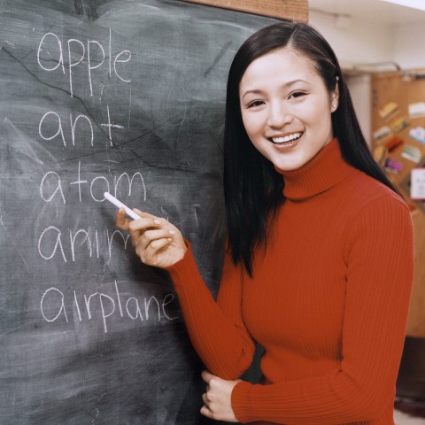 A Woman Teaching Words Written on a Blackboard