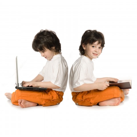 Twins with Book and Computer