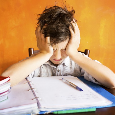 A Young Boy Sitting at a Desk, Struggling with Schoolwork.