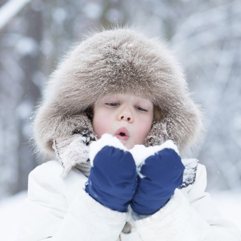 Child in Coat Holding Snow in Mittens