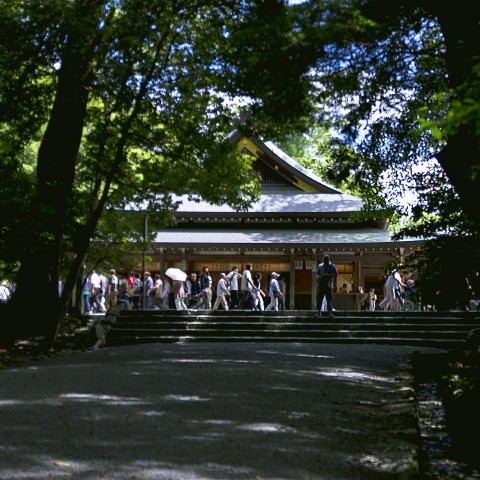 Visitors approaching a shrine building at Ise Grand Shrine
