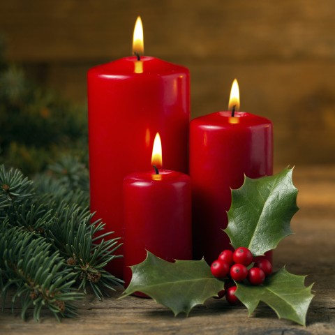Three Red Christmas Candles with Hollies