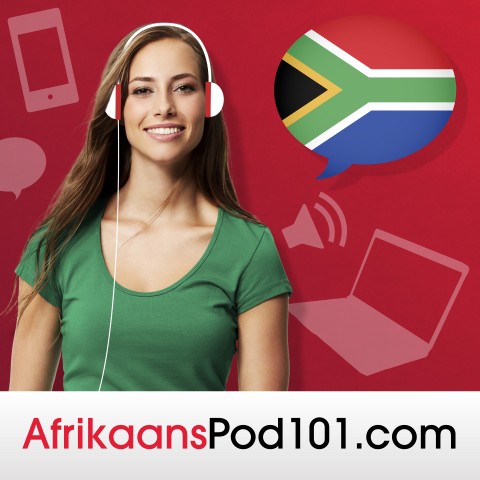 A Composite Containing an AfrikaansPod101 Subscript, a Young Woman Wearing Headphones, and the South African Flag