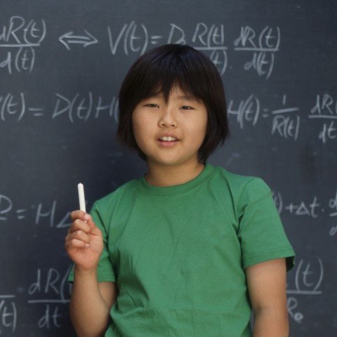 A Kid Holding a Piece of Chalk in Front of a Blackboard