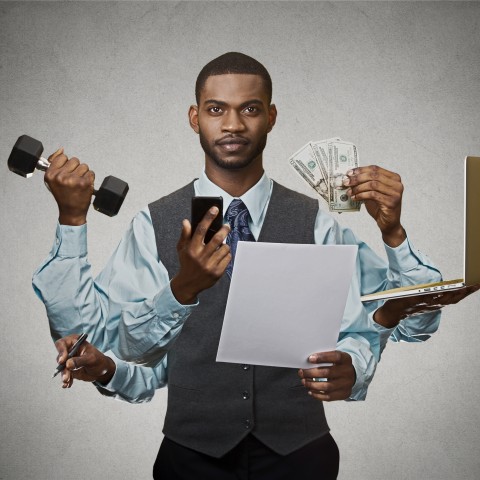 Man with Six Arms Holding Different Items Pertaining to Work, Money, and Exercise.