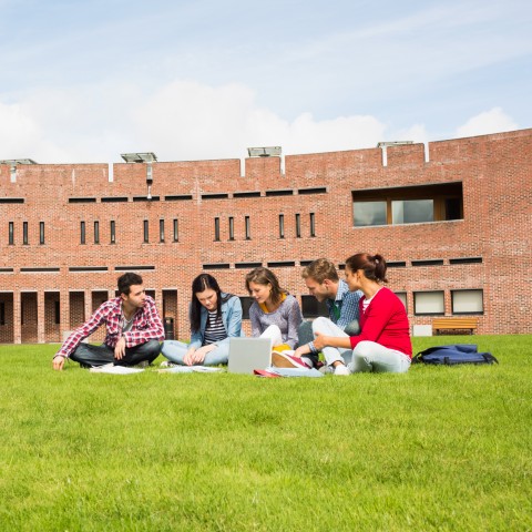 Five Friends Sitting Together on the Lawn of Their College Campus