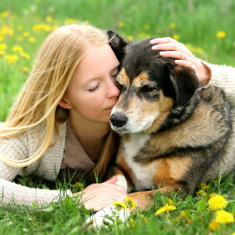 A Woman Petting Her Dog in a Grassy Field