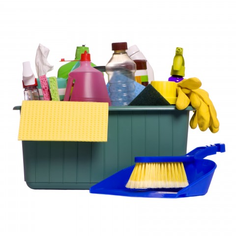 Several Cleaning Products and Supplies in a Tub