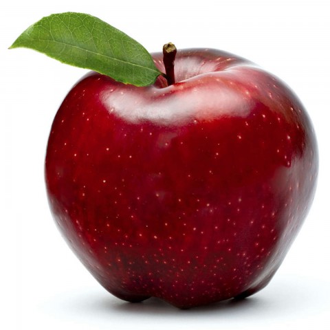 A Shiny, Red Apple with a Single Leaf.