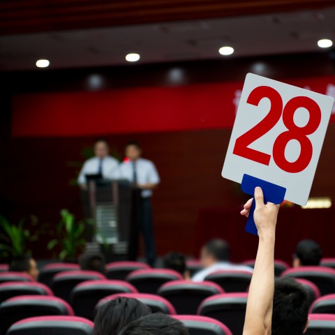 Man Holding Up Auction Sign with Number 28