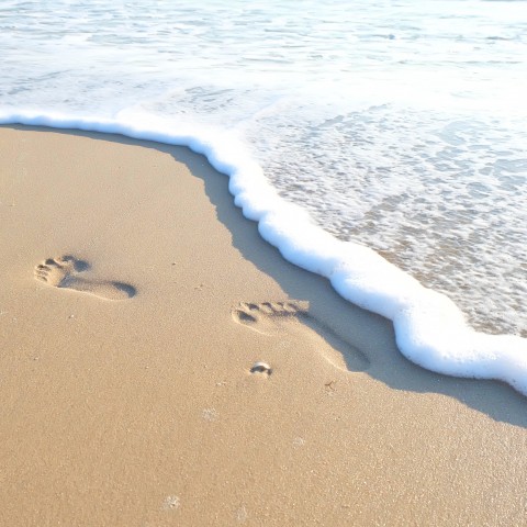 Footprints in the Wet Sand on the Beach