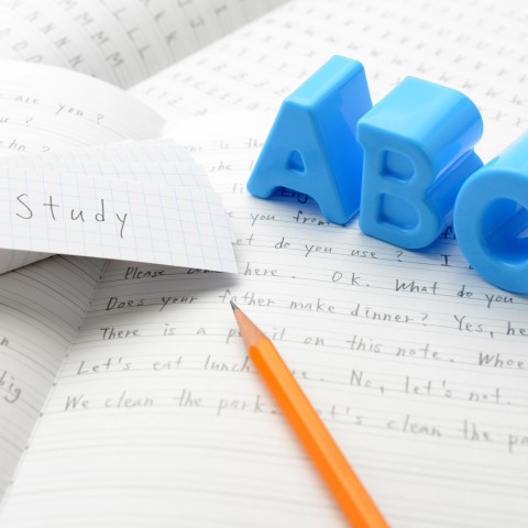 A Pencil and Plastic ABC Letters on Top of an Open Notebook