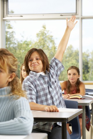 Smiling boy in school with his hand up